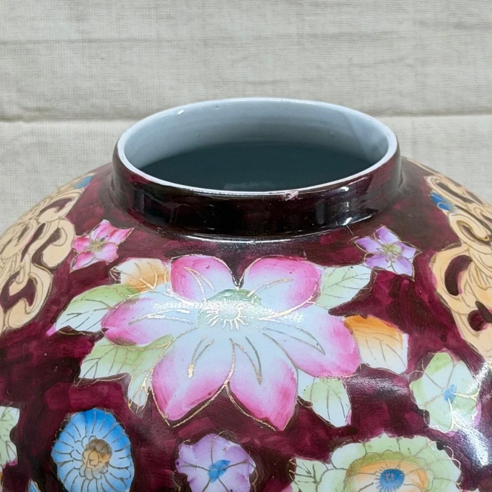 Vintage Floral Ginger Jar Oxblood Ceramic Lidded Vase Grandmillennial Decor